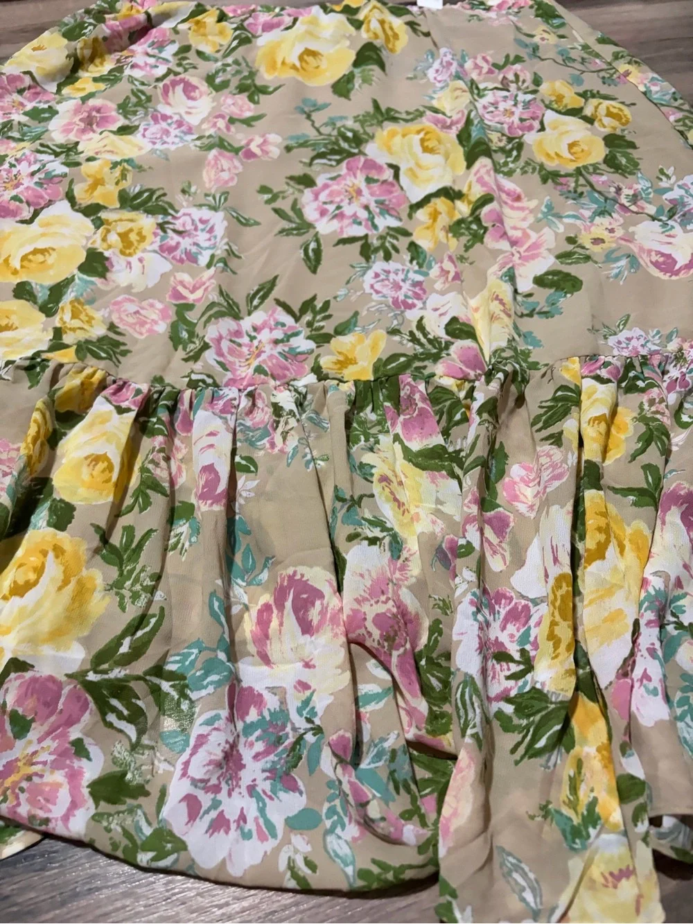 Susan Graver Beige Maxi Skirt with Yellow & Pink Floral Print- NWOT